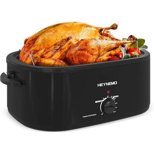 26 Quart Electric Roaster Oven with Visible & Self-Basting Lid, Large Turkey Roaster with Defrost Warm Function, Adjustable Temperature, Removable Pan Rack, Stainless Steel, Black