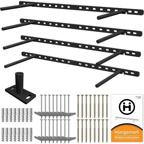 (Set of 4) 22 x 3/4 inch Floating Shelf Brackets Designed for 1 inch Thick Custom Shelves, Hidden Floating Shelf Hardware (8 inch Rod) Black