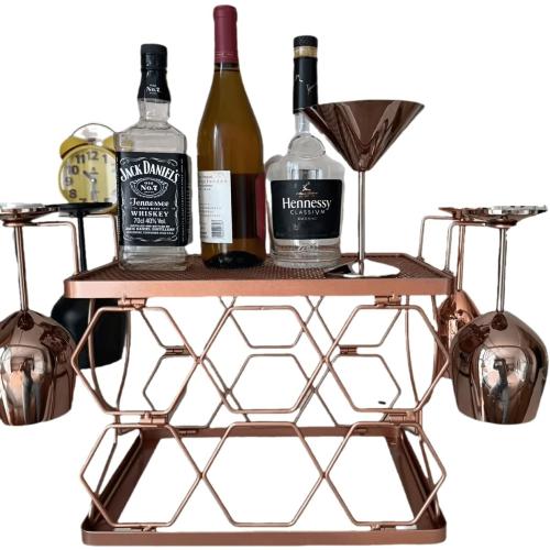 Wine Rack with Glass Holder, Wine Bottle Holder Stand, Countertop Bottle Holder with Stemware Storage