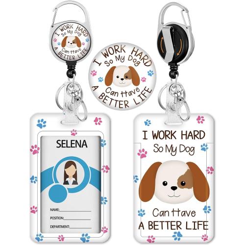 Cute Dog Badge Holder with Retractable Reel, Funny Id Card Badge Case with Carabiner Clip Heavy Duty, Vertical Card Name Tag Badge Protector Cover for Work Office Nurse Teacher Women Student Gifts
