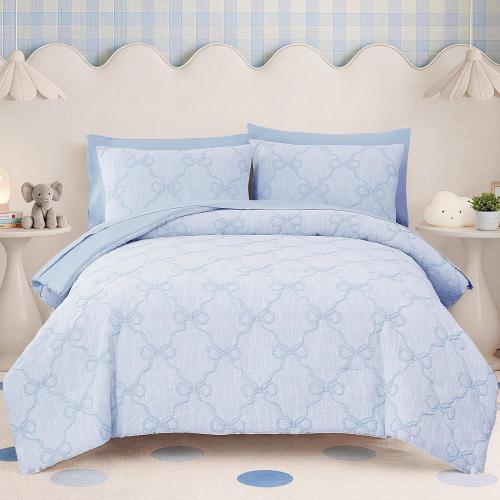 Twin XL Comforter Set for Girls - 5 Pieces Blue Bow Bed in a Bag