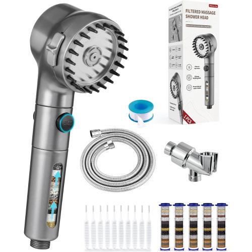Ion Drops Filtered Shower Head with Handheld, High Pressure Water Flow Filter Showerhead for Hard Water Boosting with ON/OFF Switch and Rotatable Head (Silver gray)