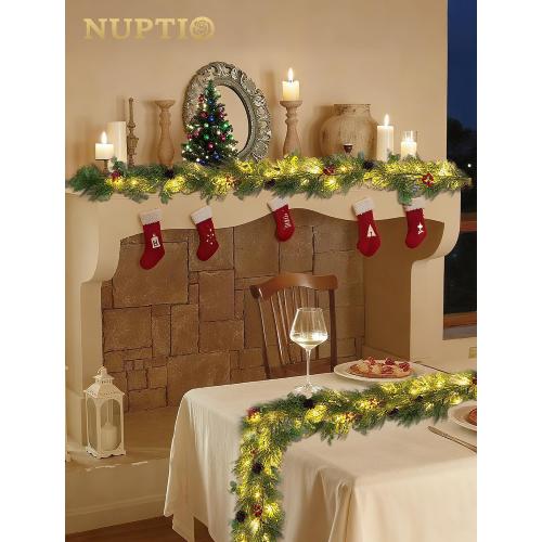 NUPTIO Artificial Christmas Garland with Lights: 2Pcs 6.2Ft Pre-Lit Gold Glitter Garland with Pine Cones Red Berry Eucalyptus - Xmas Decorations for Mantle Fireplace Railing Stairs Table Door