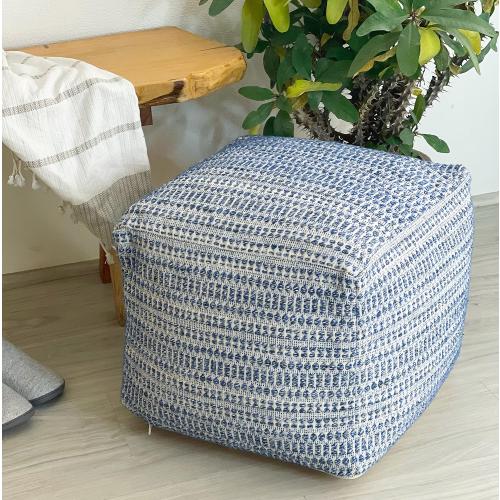Chardin home UNSTUFFED Ottoman, Cozy & Bohemian Pouf Covers, Hand Crafted Casual Seating, Footrest, Square Floor Pillow for Home, Office, Bedroom, Living Room, 16.5 x 16.5x 12.9, Blue-Off White