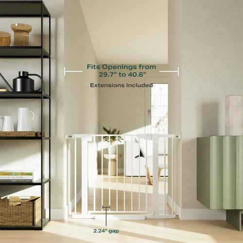 Cumbor 29.7-40.6 Baby Gate for Stairs, Mom's Choice Awards Winner-Dog Gate for Doorways, Pressure Mounted Auto-Close Pet Gates for Dogs Indoor, Safety Child Gate with Easy Walk Thru Door, White