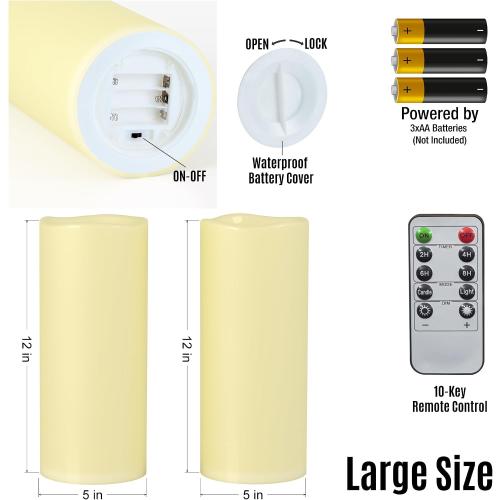 12 x 5 Ivory Large Waterproof Outdoor Flameless Candles Battery Operated LED Flickering Pillar Candles with Remote and Timer for Indoor Outdoor Lanterns, Long Lasting, Set of 2