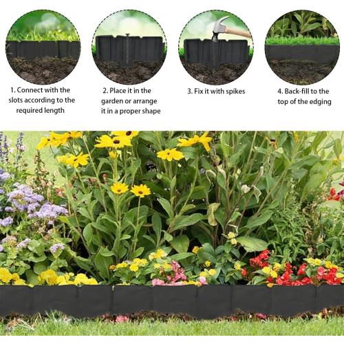 Garden Edging 40pcs, Faux Stone Edging for Landscaping [4 Inch Tall], Plastic Garden Mini Fence, Landscape Edging Border (Total 32FT) for Flowerbeds,Yard, Fence Edge with 40pcs Anchoring Spikes, Black