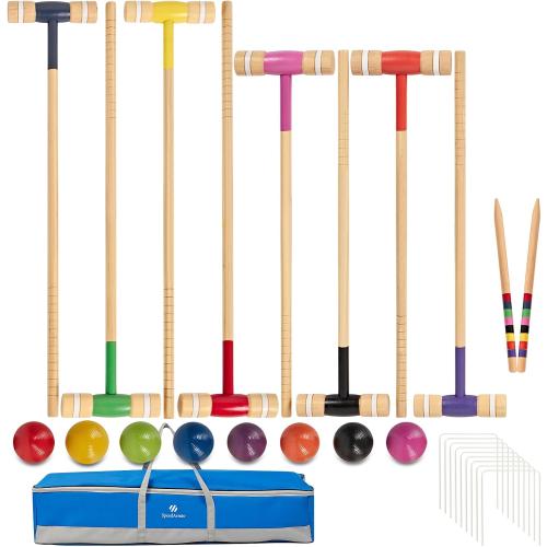 8 Players Croquet Set with 32In Regulation | 28In Standard Size Rubber Wood Mallets, Colored PE Ball, Wickets, 21In End Stakes - Lawn Backyard Game Kit for Teens/Adults/Family