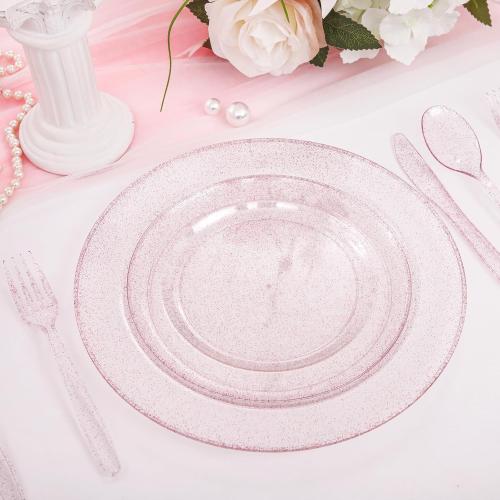 WDF 120pcs Pink Plastic Plates Disposable - Clear Pink Glitter Plates including 60PCS Dinner Plates 10.25inch and 60PCS Salad Plates 7.5inch for Wedding/Baby Shower/Spring/Birthday
