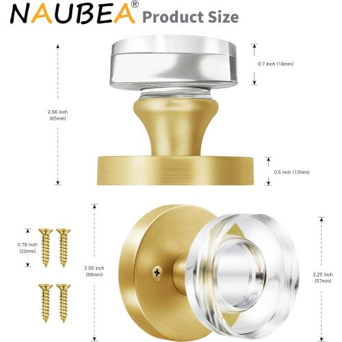 2 Pack Gold Glass Dummy Door Knob Satin Brass Crystal Dummy Door Knobs Interior, Round Modern Door Knob Brushed Gold Dummy Door Handle Interior for Hall Pantry Closet Door Knobs