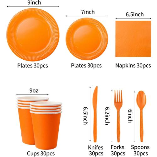 210pcs Orange Paper Plates Disposable Tableware Party Supplies- Includes 9 Dinner Plates, 7 Dessert Plates, 9oz Paper Cups, Napkins, Plastic Forks, Knives And Spoons For All Holiday Parties