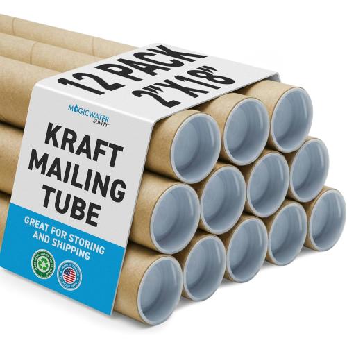 MagicWater Supply Heavy Duty Mailing Tubes - Durable Cardboard for Shipping, Storing & Protecting Posters Artwork Documents and Blueprints with Secure End Caps - 12 Pack 2 in x 18 in Kraft - US Made.