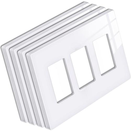 [4 Pack] BESTTEN 3 Gang Mid-Size Screwless Outlet Cover, Midway Decorative Wall Plate, USWP6 Gloss Snow White, Midsize H4.88 x W6.74
