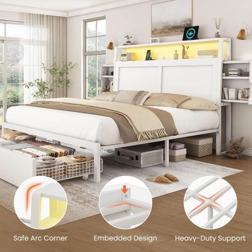 LARMACE Queen Bed Frame with Storage, LED Light and Charging Station, White
