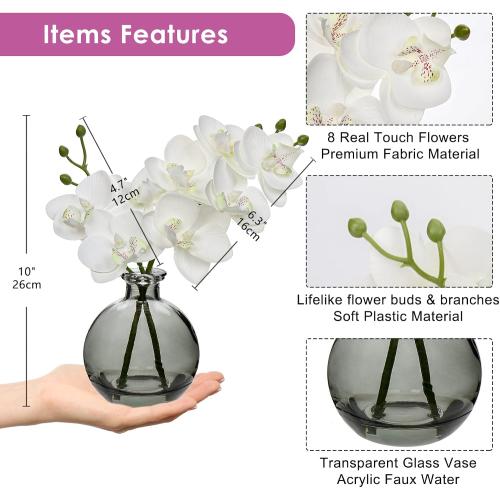 Oairse White Orchids Artificial Flowers Faux Orchid Arrangement with Black Glass Vase Set of 2 Real Touch Phalaenopsis Orchid Flowers Orchid Centerpiece for Dining Room Table