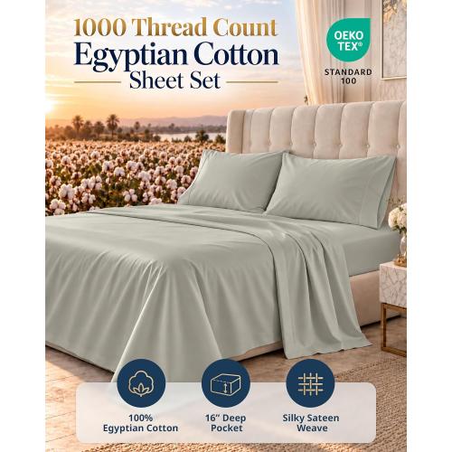 LANE LINEN King Sheets Cooling 100% Egyptian Cotton Sateen - Silver