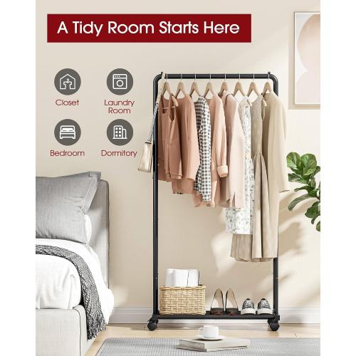 Sakugi Clothes Rack - Clothing Rack with Storage Mesh Shelf & Casters, Heavy-Duty Metal Clothing Rack for Hanging Clothes, Dresses, Coats, Large Load Capacity, Easy Assembly, Black, 28.0x16.9x59.0❗MAY HAVE MISSING PIECES❗