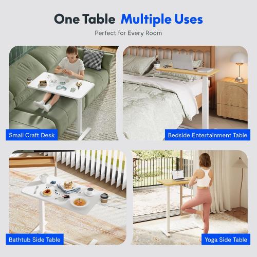 FLEXISPOT H7 32 Pneumatic Height-Adjustable Overbed Table with Wheels | C-shaped bedside table,Medical End Table,Rolling Cart TV Tray,Laptop desk for Hospital Home office use,31.5Wx17.7D,White