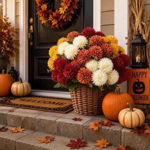 12Pcs Artificial Fall Mums for Outdoors, UV Resistant Fake Silk Mums