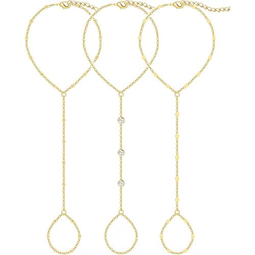 3PCS 14K Gold-Plated Hand Chain Bracelets for Women, Stack Bracelets Set Adjustable, Trendy Dainty Ring Bracelet Hand Chain