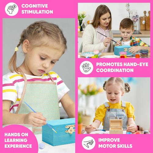 10 Sets Jewelry Box Painting Set for Kids with Stickers - Bulk Stockings & Birthday Goodie Bag Stuffer - Kids Party Favors Toy Return Gifts - Unfinished Wooden Treasure Boxes For Arts & Craft