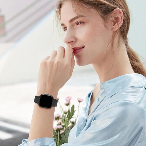 WFEAGL for Fitbit Versa Band, Top Grain Leather Band for Fitbit Versa Fitness Smart Watch (Black Band   Black Buckle)