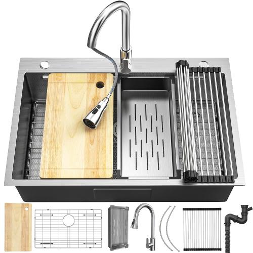 YITAHOME Drop In Kitchen Sink Workstation with Pull-down Faucet, 304 Stainless Steel Single Bowl Top Mount Sink w/Ledge & Accessories, Honeycomb Surface Design, 33 x 22 x 10 in, Silver
