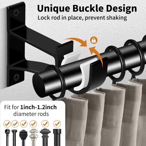 KOLAKO 8 Pack Curtain Rod Bracket, 1 Inch Heavy Duty Holder Black Drapery Single Hooks for Wall