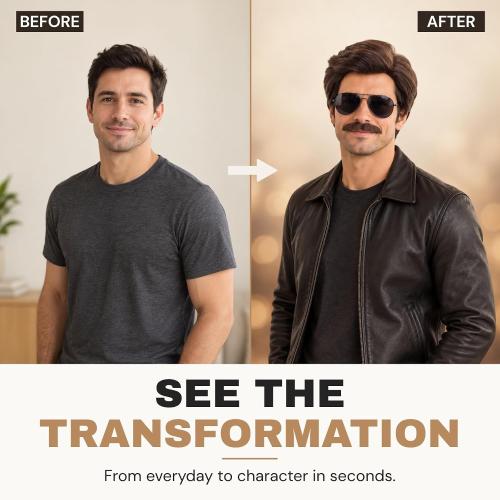 Short Brown Men Wig with Msutache and Sunglasses for 70s 80s Costume Cosplay Halloween Party