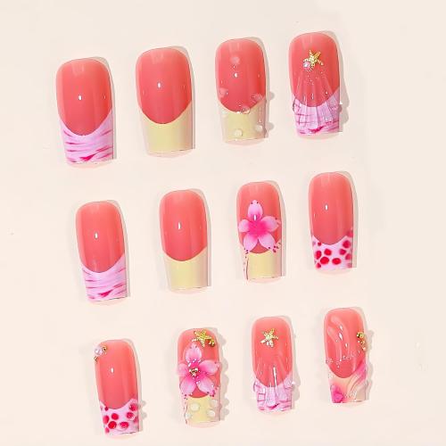24Pcs Summer Flower Press on Nails Medium Square Fake Nails with 3D Gold Starfish Beads Pearl Design Glossy Pink Floral False Nails Full Cover Glue On Nails Yellow French Tip Stick on Nails for Women
