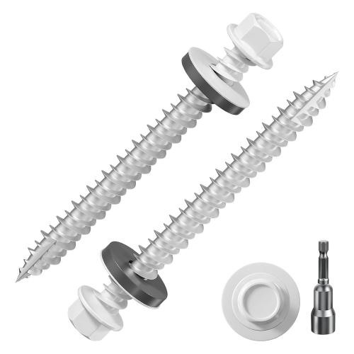 Wensilon 3/16 * 2 57PCS 1lbs White Hexagonal Metal Sheet roof Screws, #10 * 2 with EPDM washers and Hexagonal self Tapping, Used for Metal to Wood, Corrugated Roofs.5 * 50mm
