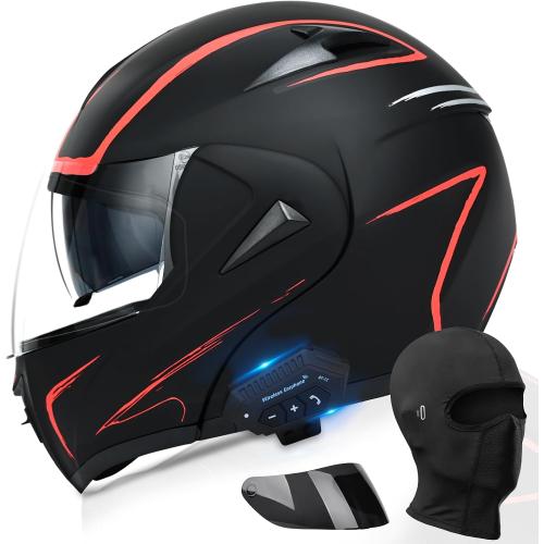 Motorcycle Bluetooth Modular Helmet, DOT Approved Dual Visor Full Face Flip Up Bluetooth Integrated Motorcycle Helmet for Adults Men and Women