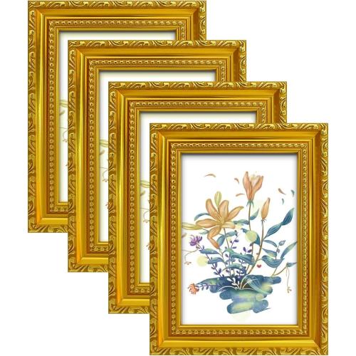 BESCRCL 5x7 Picture Frame Gold with Real Glass, Ornate Vintage 5 x 7 Photo Frames for Wall and Tabletop Display, Set of 4