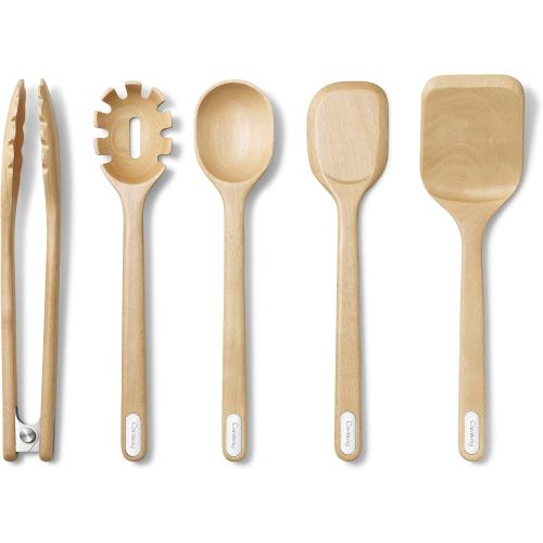 Caraway Wooden Utensil Set - 5 Piece Cooking Utensil Set - Spoon, Server, Scraper, Spatula, & Tongs - Made From FSC-Certified Birch Wood - No Microplastics