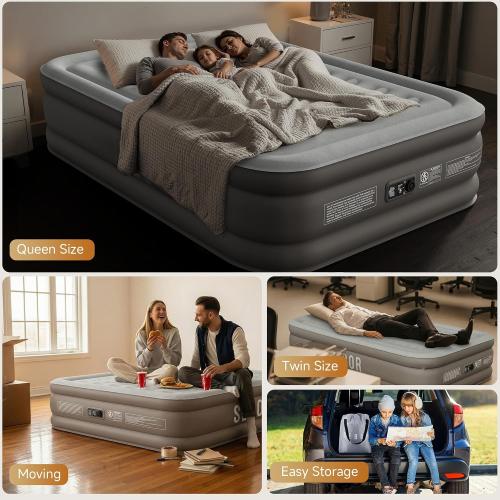 Air Mattress with Built-in Pump, Comfortable Self-Inflating Air Mattress with High-Speed Pump, Durable Blow Up Mattress with Storage Bag for Guests, Camping, Travel (18 Queen, Brown Gray)