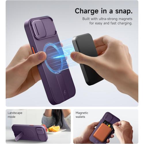 SURITCH for iPhone 15 Case with Magnetic Camera Slide Cover and Adjustable Kickstand, Compatible with MagSafe, Shockproof Bumper Case Slim Protective Cover 6.1 Inch, Dark Purple