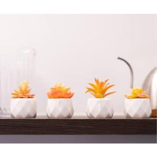 VIVERIE Mini Orange Artificial Succulent in Pots (White Ceramic, 4 Pot Set) Fake Plants for Indoors, Office Home Halloween/Christmas Decor Gifts-Faux Plant Gifts for Women