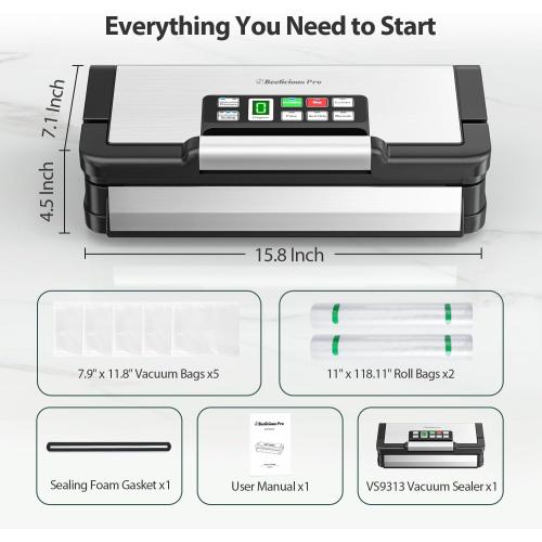 95kPa Vacuum Sealer Machine with AquaLock Technology, Dual-Pump Automatic Food Sealer for Dry & Moist Foods, Double Heat Seal, Built-in Cutter, Bag Storage & Accessory Hose,2 Bag Rolls,Stainless Steel