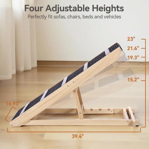Dog Ramp for Bed, Wooden Dog Ramp for Couch with 4 Adjustable Heights, Anti-Slip Carpet & Wider Walkway, Foldable Pet Ramp for Sofa, Bed, Car, Supports Up to 200 Lbs