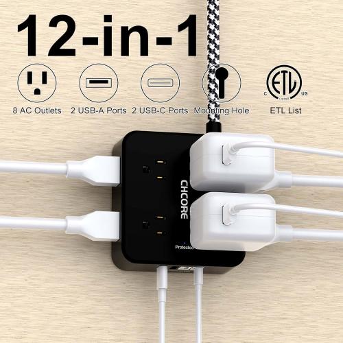 Surge Protector Power Strip - CHCORE 6Ft Braided Extension Cord with 8 Outlets with 4 USB (2 USB C) Charging Ports, Flat Plug Multi Plug Outlet Extender Charging Station for Home Office, ETL, Black
