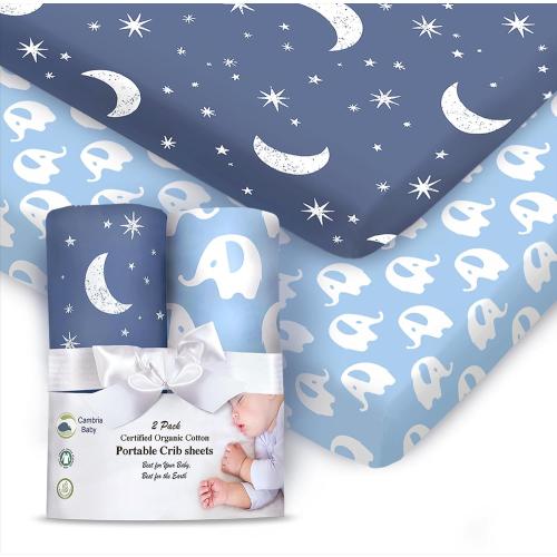 100% Organic Cotton Fitted Sheets Perfectly Compatible with Graco Pack n Play, Babyletto, Pamo Babe, Hiccapop, Dream on Me, Evenflo, Baby Trend Portable/Mini Crib/Playards. 2 Pk, Blue/Boy.