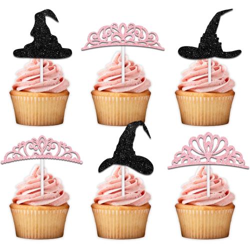 18pcs Black Pink Glitter Witch Hat Crown Dessert Cupcake Topper Pick for Princess Witch Party Theme Decor Supplies Men Women Boys Girls Happy Birthday Party Decoration
