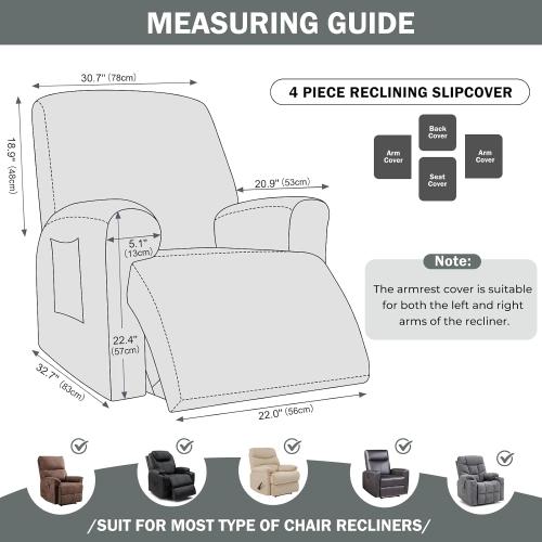 vctops Rustic Linen Look Recliner Chair Covers Washable, 4 Pieces Soft Chenille Recliner Cover, Anti Slip Stretch Couch Cover Sofa Slipcovers Furniture Protector for Dog,Kids (Light Grey,1 Seater)