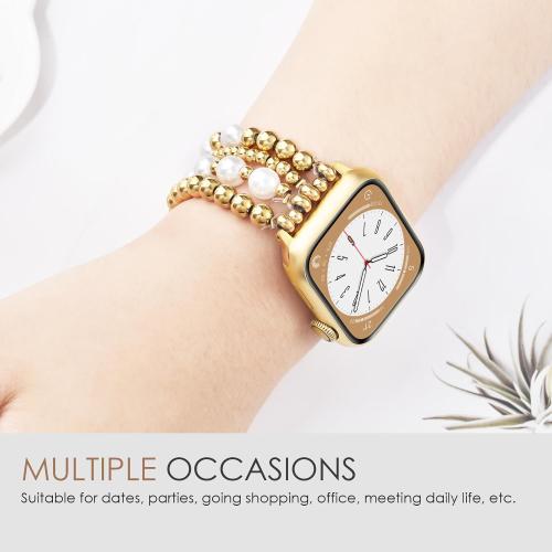 AIRSPO Gold Beaded Bracelets Compatible for Apple Watch Bands 38mm 40mm 41mm 42mm for Women, Fashion Handmade Dressy iPhone Watch Bands Stainless Steel Beads & Pearl Elastic Strap for iWatch Series 11 10 9 SE 8 7 6 5 4 3 2 1 Gold