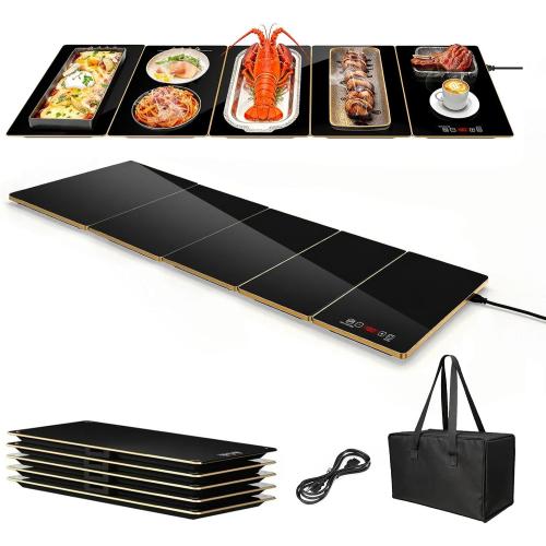 Electric Warming Tray XXXL 44x16 with Storage Bag, Adjustable‑Size Food Warming Mat, 5‑in‑1 Expandable Modular, Food Warmer for Parties, Buffet, Catering & Gathering, 8‑Level Temp & Timer, Gold Edge