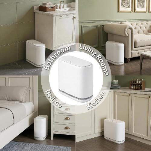 Small Bathroom Trash Can with Lid, 2.3 Gallon Slim Trash Can, Narrow Garbage Can with Hidden Liner & Auto-Smooth Bag Fit, Press-to-Open Lid, White, for Bathroom, Bedroom, Office, Kitchen