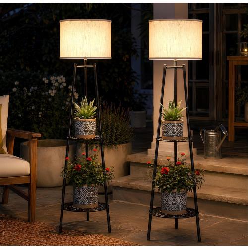 VISFLAIR 2 Pack Solar Lights with 2-Tier Plant Stand, Outdoor Floor Lamps, Waterproof Solar LED Edison Bulb Floor Lamps for Patio Porch Deck Yard Garden Decor