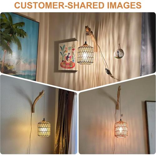 Frideko Rattan Wall Lamp with Plug in Cord Hand Woven Plug in Wall Sconces Paper Rope Wall Light Farmhouse Wall Sconce Wall Mounted Light Boho Wall Sconces Wall Lighting for Bedroom Living Room