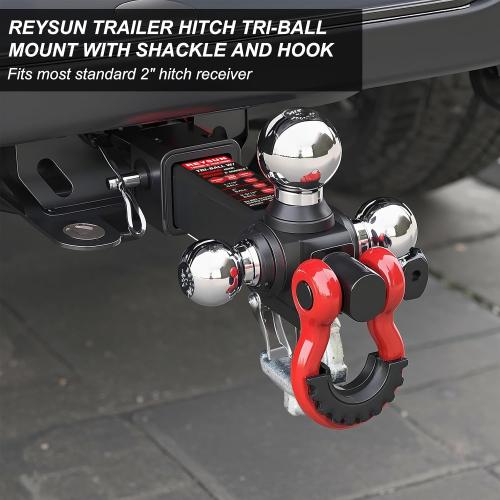 Trailer Hitch Tri-Ball Mount: with Swivel Tow Shackle and Tow Hook, fits for 2-inch Receiver, Chrome Trailer Ball Size 1-7/8, 2 and 2-5/16 and 5/8 Hitch Lock Pin