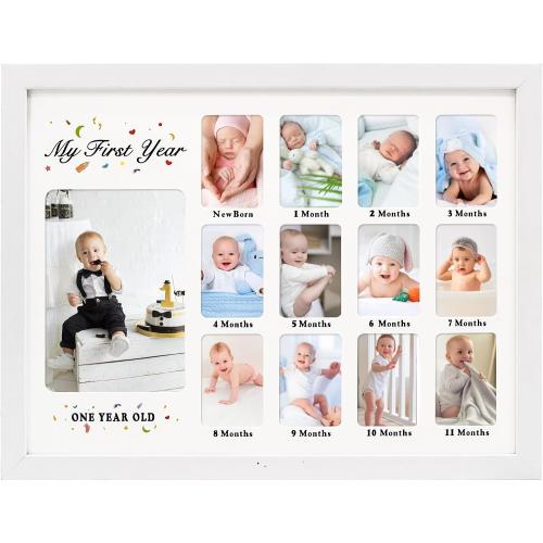 GMFrames Baby First Years Photo Frames 12 Month Picture Frame 12 * 16 for Holds (1) 5x7 & (12) 2x3 Wallet Size Photos White